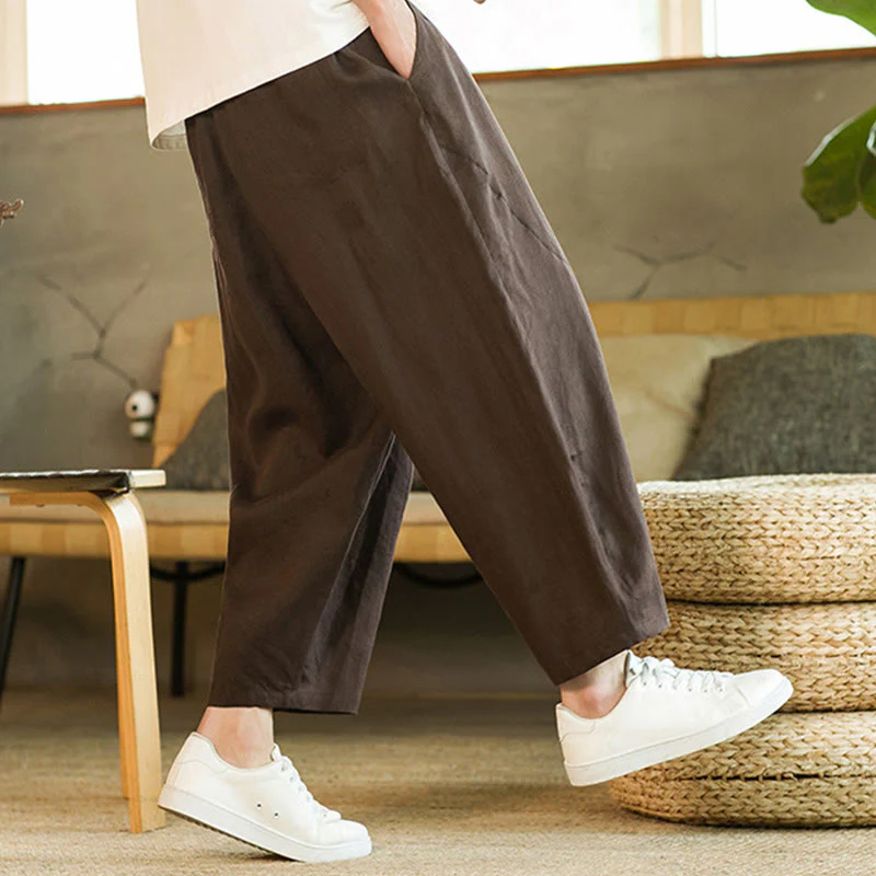 Pantaloni harem da uomo in lino con elastico in vita, con coulisse, stile casual retrò, tinta unita, stile semplice, con tasche , Buddha Stones - Image 29