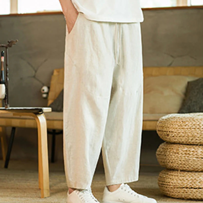 Pantaloni harem da uomo in lino con elastico in vita, con coulisse, stile casual retrò, tinta unita, stile semplice, con tasche , Buddha Stones - Image 3