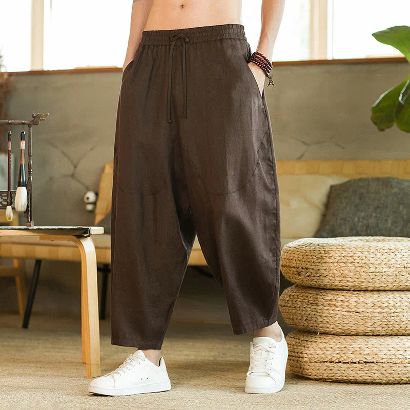 Pantaloni harem da uomo in lino con elastico in vita, con coulisse, stile casual retrò, tinta unita, stile semplice, con tasche , Buddha Stones - Image 30
