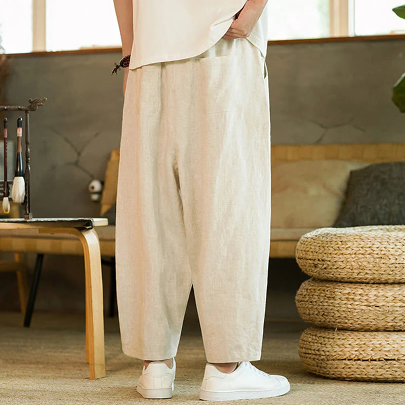 Pantaloni harem da uomo in lino con elastico in vita, con coulisse, stile casual retrò, tinta unita, stile semplice, con tasche , Buddha Stones - Image 4