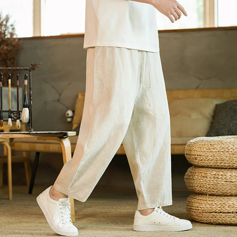 Pantaloni harem da uomo in lino con elastico in vita, con coulisse, stile casual retrò, tinta unita, stile semplice, con tasche , Buddha Stones - Image 5