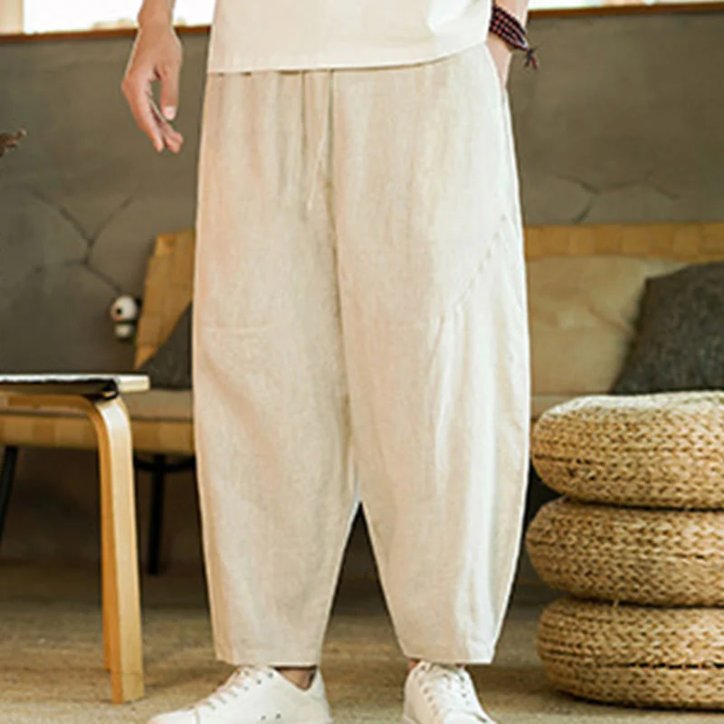 Pantaloni harem da uomo in lino con elastico in vita, con coulisse, stile casual retrò, tinta unita, stile semplice, con tasche , Buddha Stones - Image 8