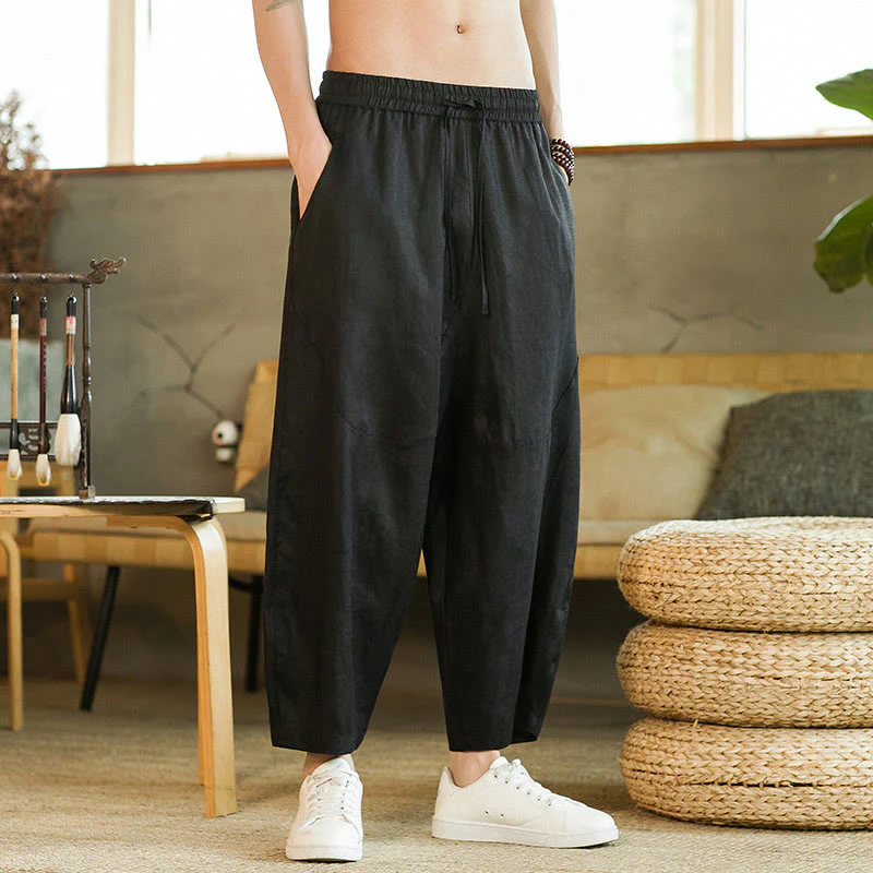 Pantaloni harem da uomo in lino con elastico in vita, con coulisse, stile casual retrò, tinta unita, stile semplice, con tasche , Buddha Stones - Image 9