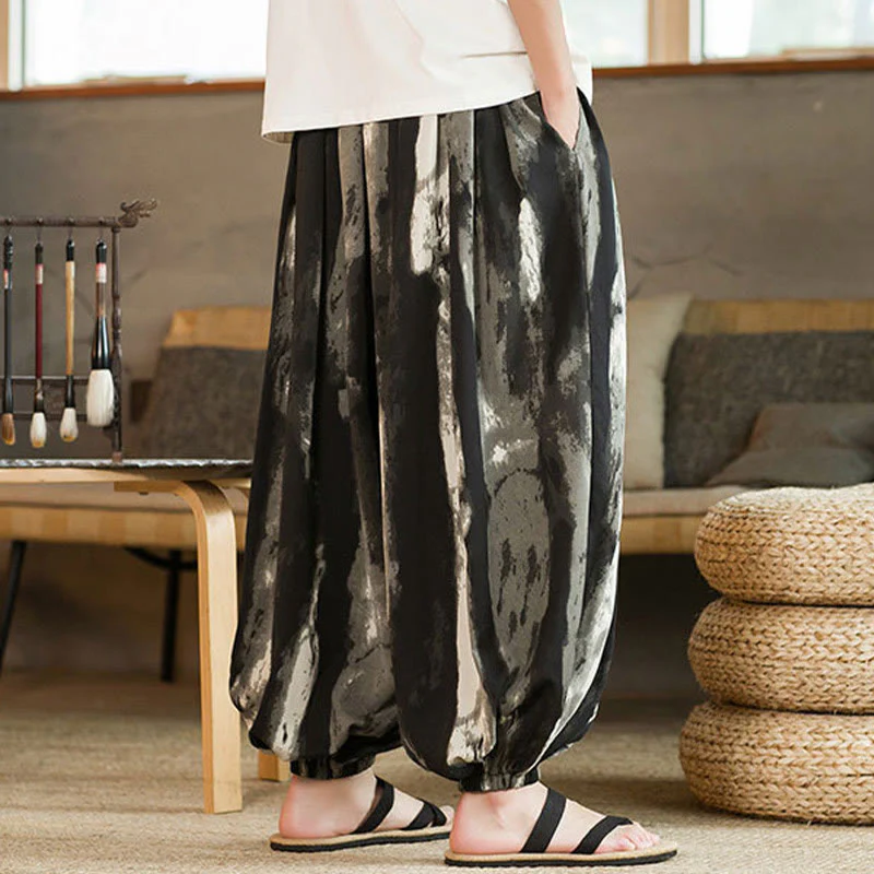 Pantaloni harem da uomo in lino e cotone intrecciato con coulisse, con tasche, motivo Buddha Stones, inchiostro bianco e nero sfumato - Image 5