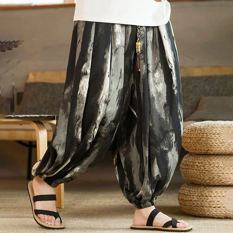Pantaloni harem da uomo in lino e cotone intrecciato con coulisse, con tasche, motivo Buddha Stones, inchiostro bianco e nero sfumato - Image 6