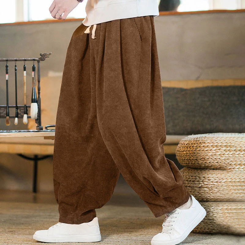 Pantaloni harem da uomo in velluto a coste con fodera in pile, stile retrò, con tasche, modello Buddha Stones - Image 3