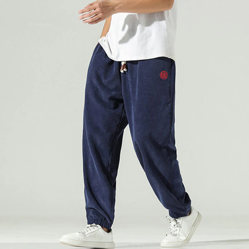 Pantaloni harem da uomo in velluto a coste con ricamo Buddha Stones Fall Plain con tasche