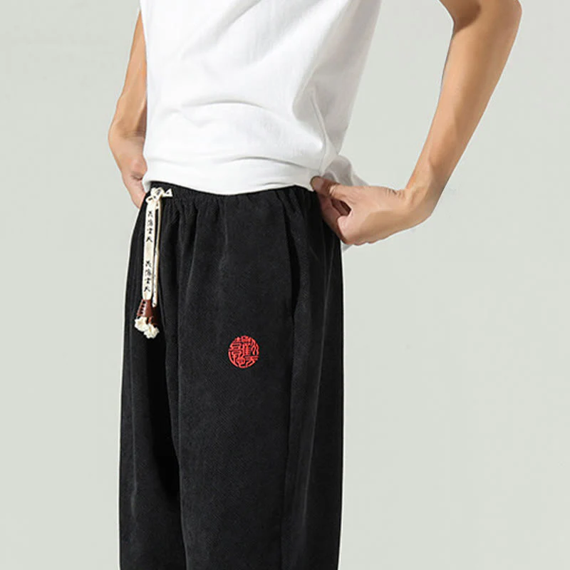 Pantaloni harem da uomo in velluto a coste con ricamo Buddha Stones Fall Plain con tasche - Image 14