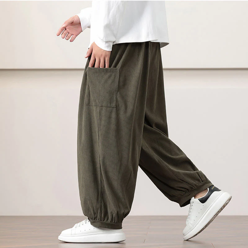 Pantaloni harem da uomo in velluto a coste tinta unita con coulisse e tasche Buddha Stones - Image 7