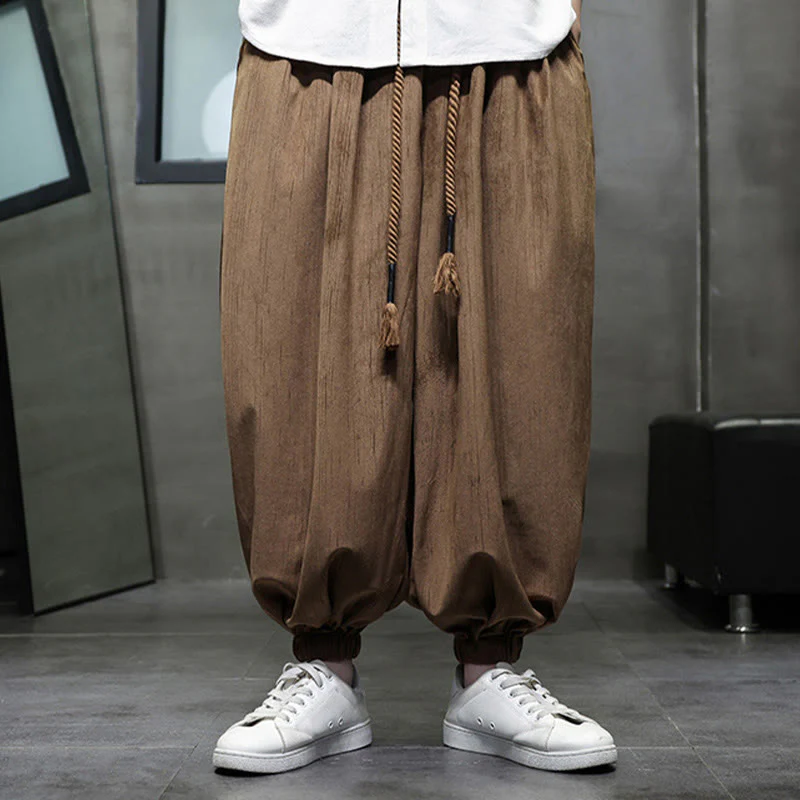 Pantaloni harem da uomo termici con coulisse in velluto a coste tinta unita Buddha Stones con tasche - Image 10