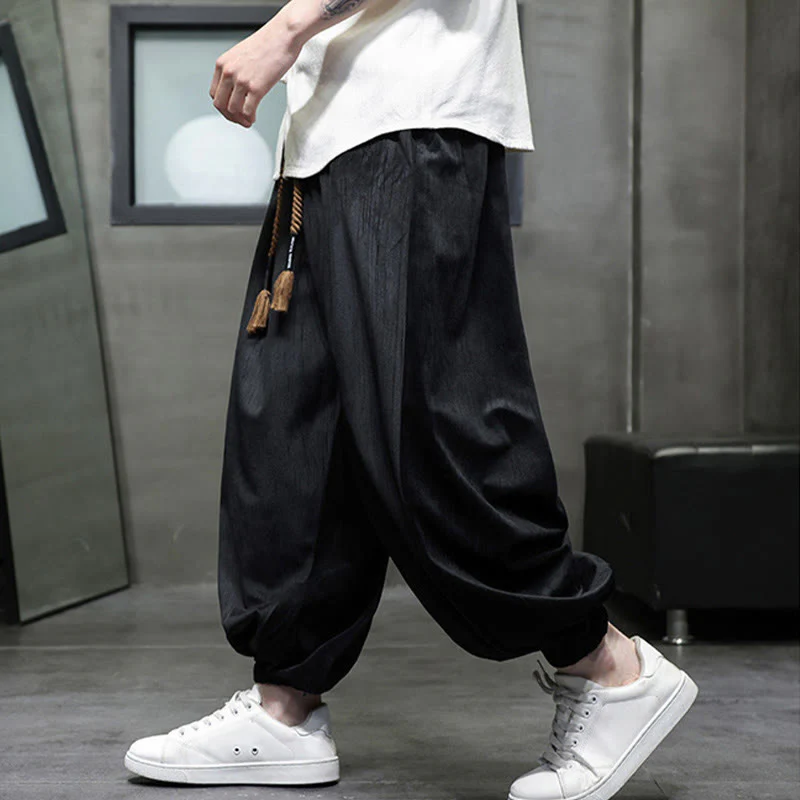 Pantaloni harem da uomo termici con coulisse in velluto a coste tinta unita Buddha Stones con tasche - Image 7