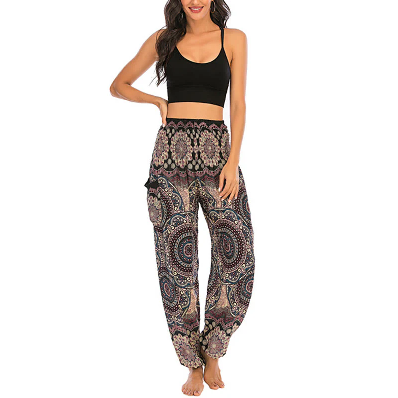 Pantaloni harem da yoga da donna con motivo geometrico rotondo e largo in stile boho Buddha Stones - Image 5