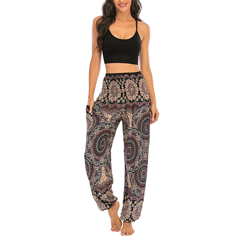 Pantaloni harem da yoga da donna con motivo geometrico rotondo e largo in stile boho Buddha Stones - Image 7