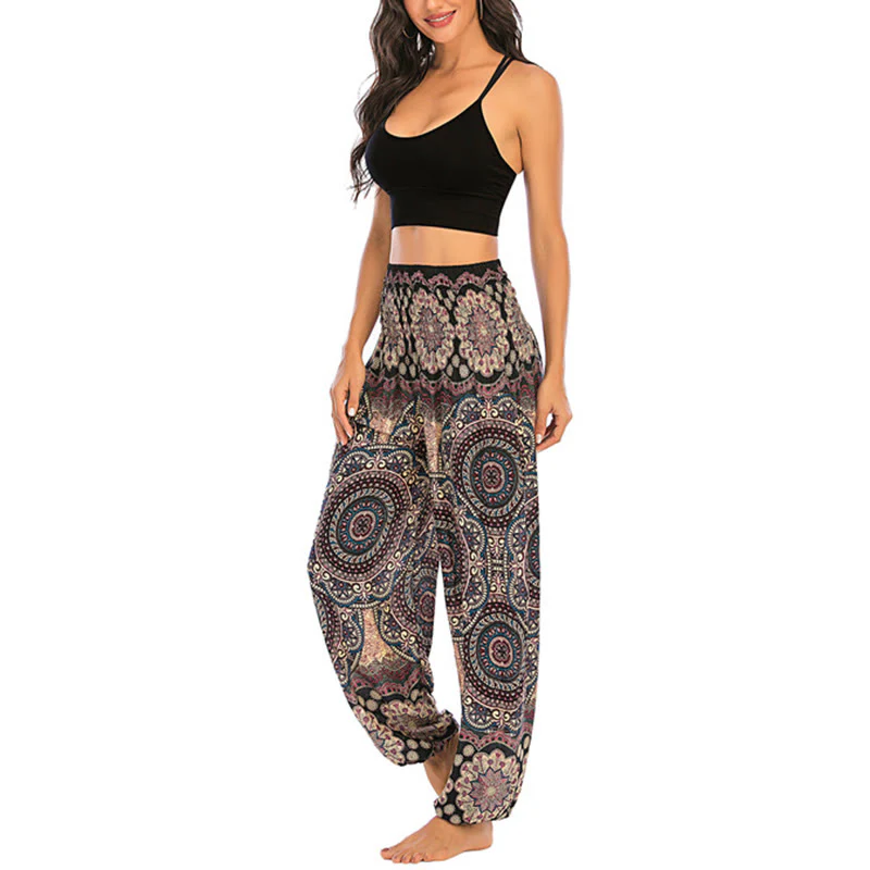 Pantaloni harem da yoga da donna con motivo geometrico rotondo e largo in stile boho Buddha Stones - Image 8