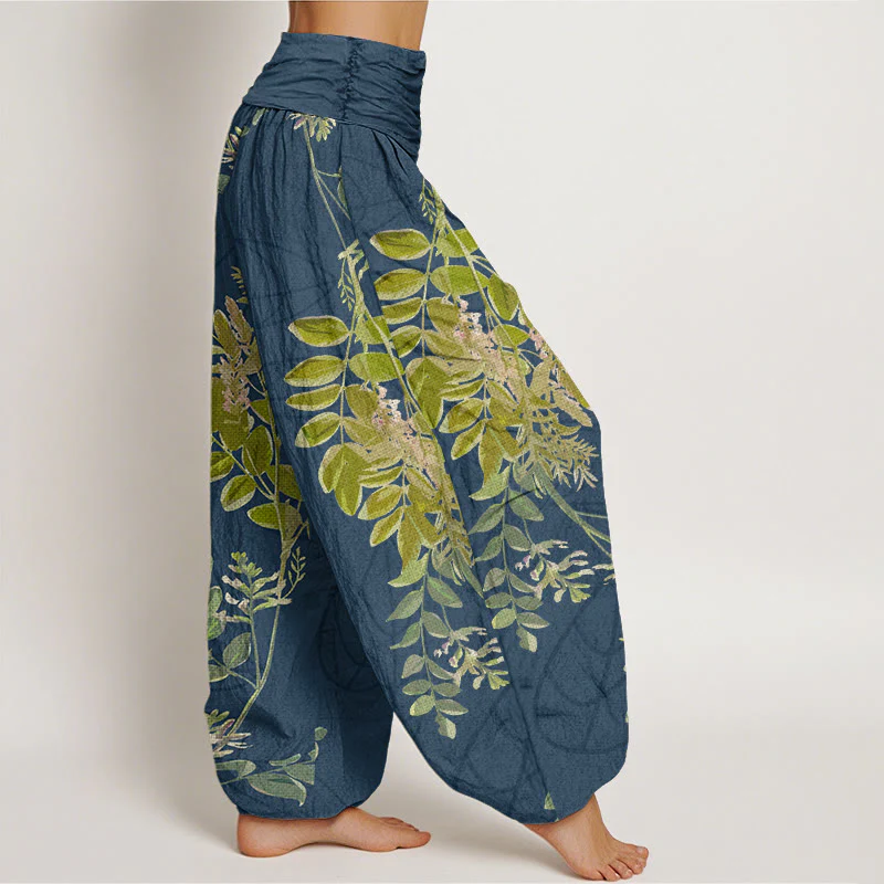 Pantaloni harem da donna con elastico in vita, in cotone, con foglie verdi e rami, motivo Buddha Stones - Image 10