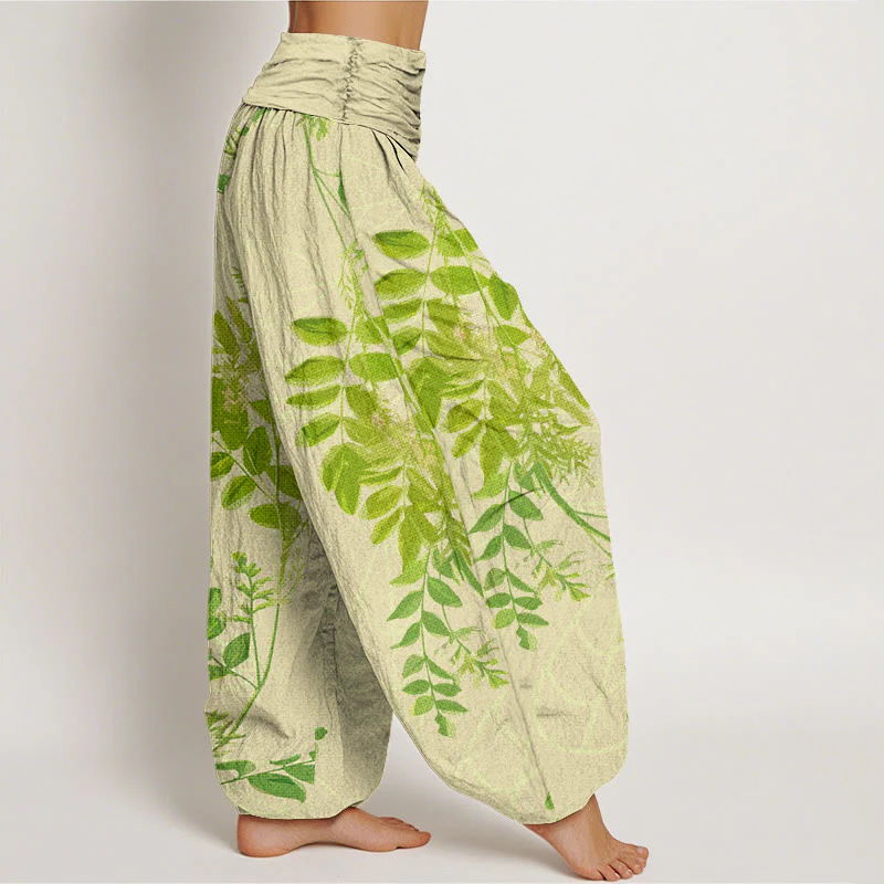 Pantaloni harem da donna con elastico in vita, in cotone, con foglie verdi e rami, motivo Buddha Stones - Image 3