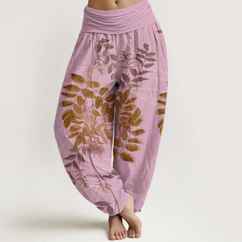 Pantaloni harem da donna con elastico in vita, in cotone, con foglie verdi e rami, motivo Buddha Stones - Image 5