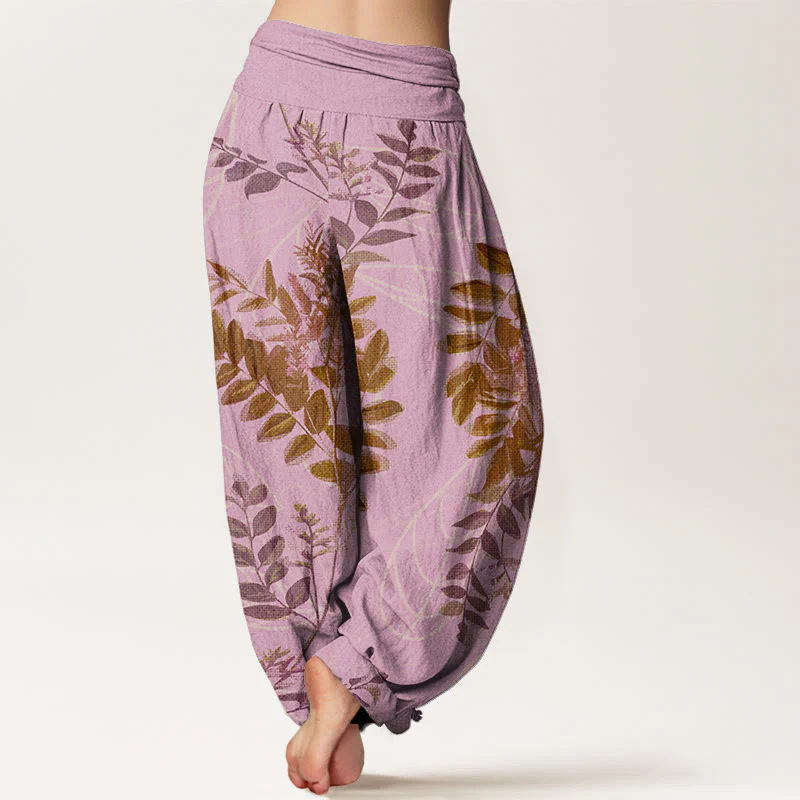 Pantaloni harem da donna con elastico in vita, in cotone, con foglie verdi e rami, motivo Buddha Stones - Image 6
