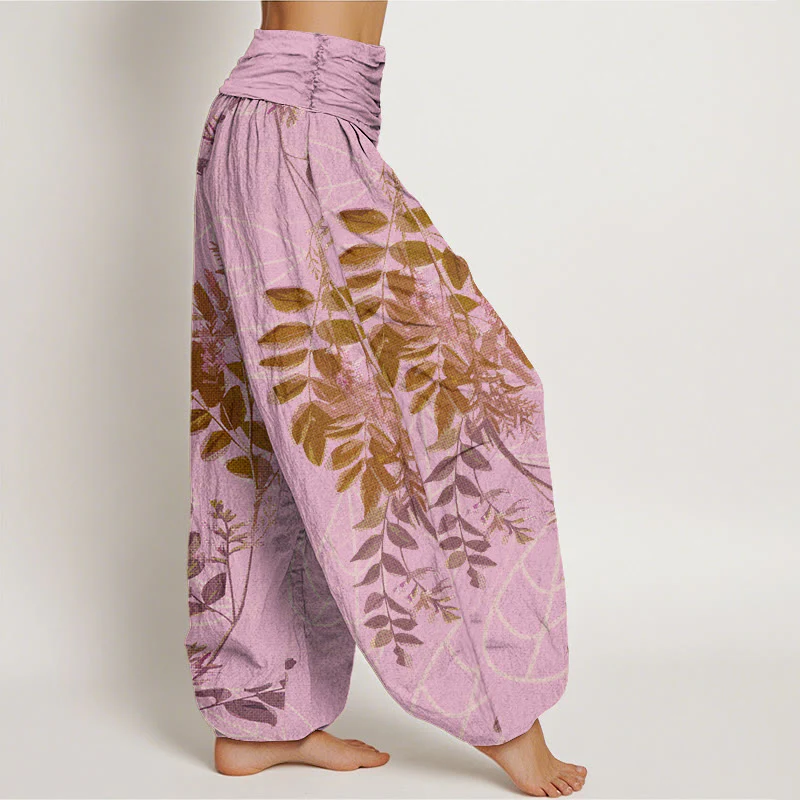 Pantaloni harem da donna con elastico in vita, in cotone, con foglie verdi e rami, motivo Buddha Stones - Image 7