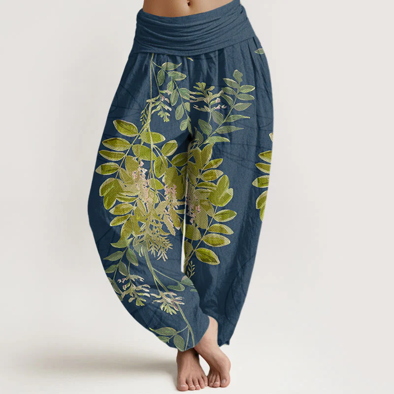 Pantaloni harem da donna con elastico in vita, in cotone, con foglie verdi e rami, motivo Buddha Stones - Image 8