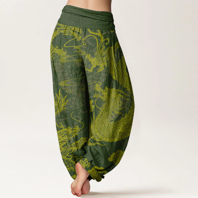 Pantaloni harem da donna con elastico in vita, Buddha Stones Cotton Dragon e nuvole di buon auspicio - Image 6