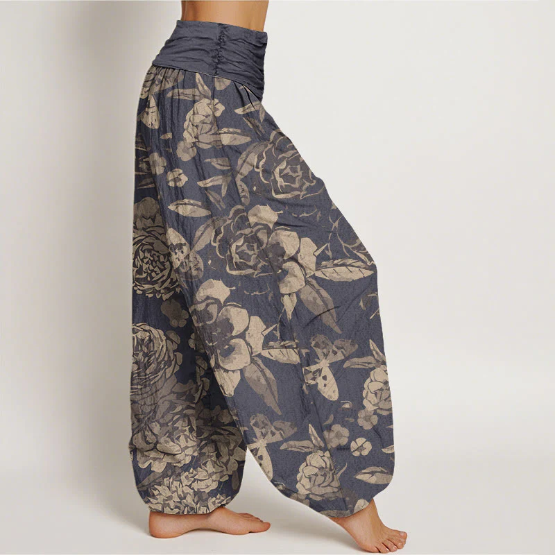 Pantaloni harem da donna con elastico in vita, in cotone, casual, con fiori di peonia e foglie, motivo Buddha Stones - Image 2
