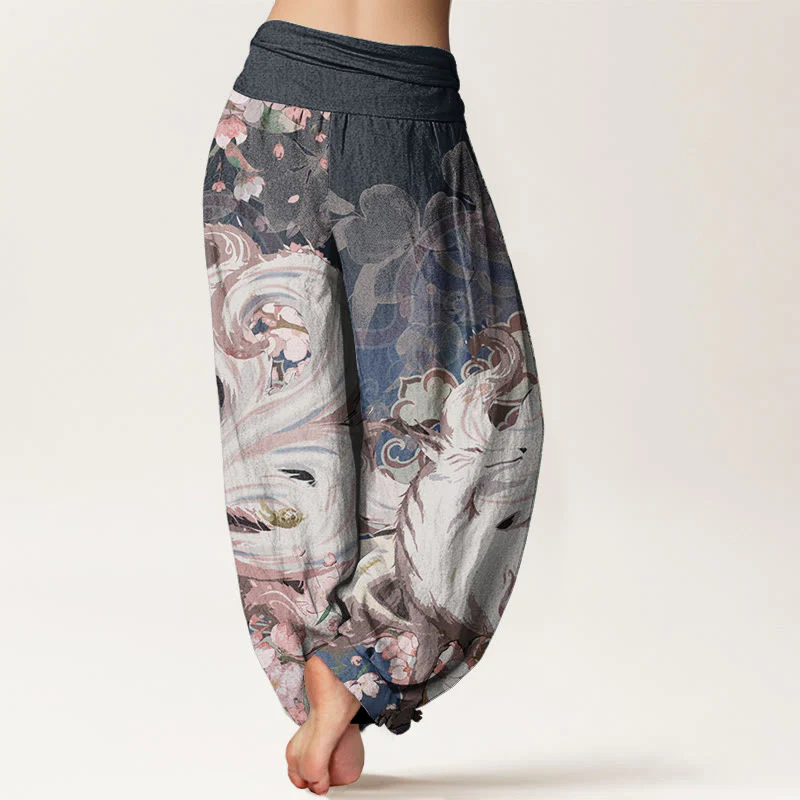 Pantaloni harem da donna con elastico in vita, in cotone e volpe, con fiori di ciliegio , Buddha Stones - Image 2