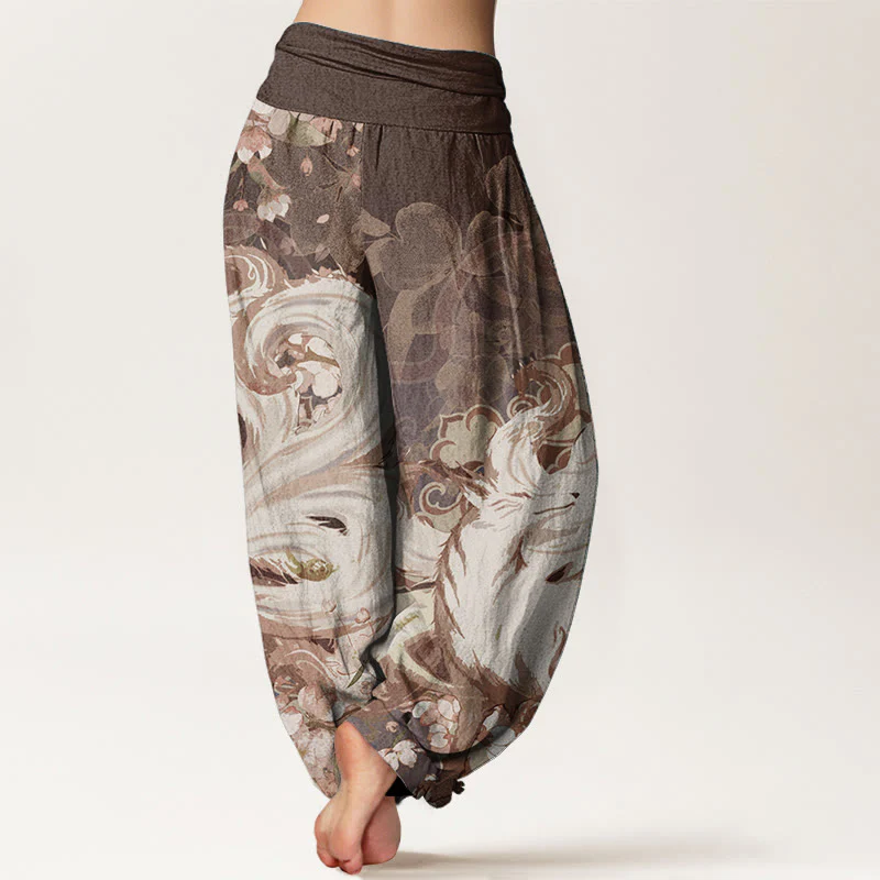 Pantaloni harem da donna con elastico in vita, in cotone e volpe, con fiori di ciliegio , Buddha Stones - Image 6