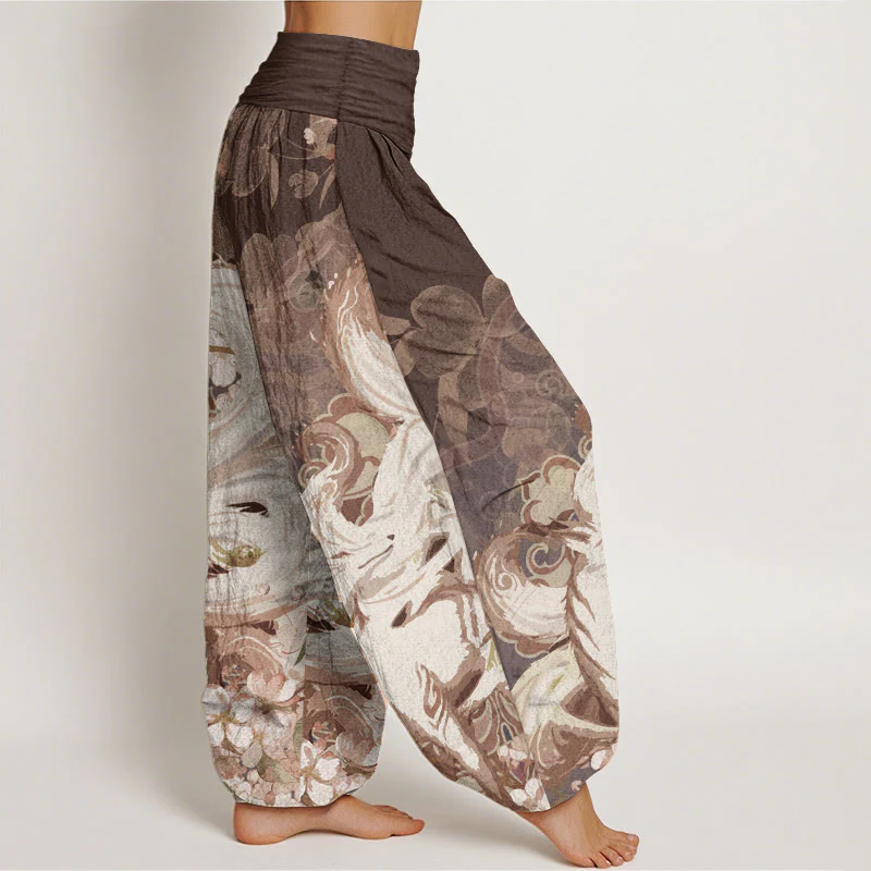 Pantaloni harem da donna con elastico in vita, in cotone e volpe, con fiori di ciliegio , Buddha Stones - Image 7