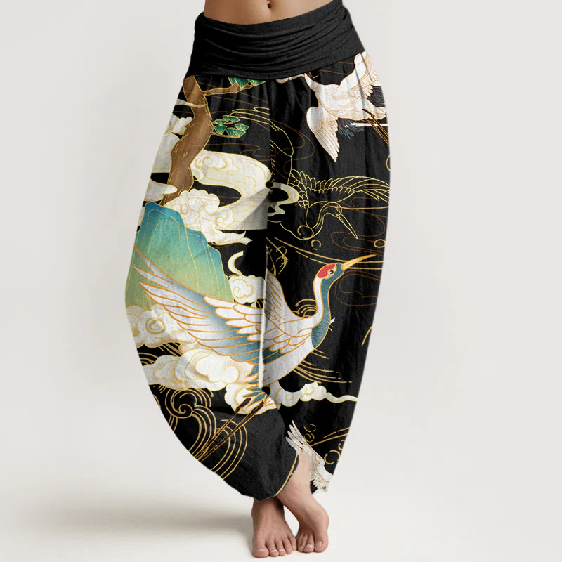 Pantaloni harem da donna con elastico in vita, in cotone, con gru volanti, nuvole di buon auspicio Buddha Stones