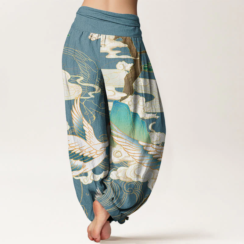 Pantaloni harem da donna con elastico in vita, in cotone, con gru volanti, nuvole di buon auspicio Buddha Stones - Image 10