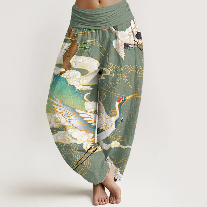 Pantaloni harem da donna con elastico in vita, in cotone, con gru volanti, nuvole di buon auspicio Buddha Stones - Image 5