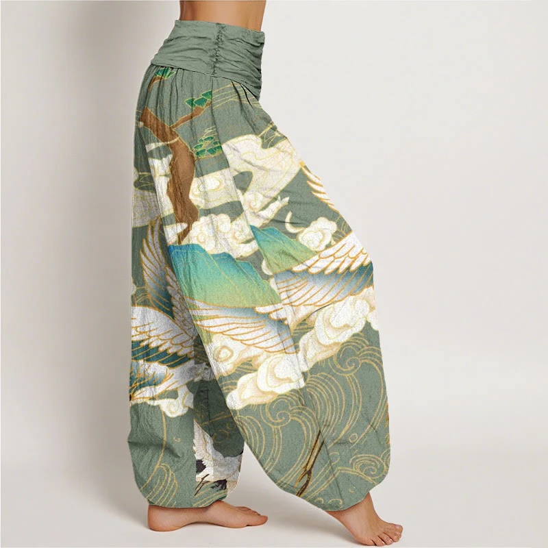 Pantaloni harem da donna con elastico in vita, in cotone, con gru volanti, nuvole di buon auspicio Buddha Stones - Image 6