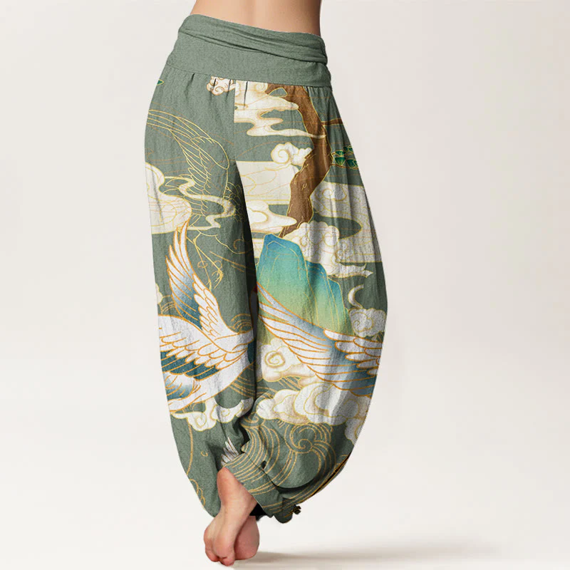 Pantaloni harem da donna con elastico in vita, in cotone, con gru volanti, nuvole di buon auspicio Buddha Stones - Image 7