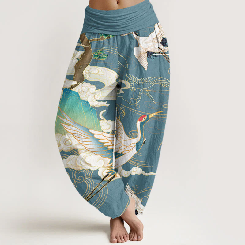 Pantaloni harem da donna con elastico in vita, in cotone, con gru volanti, nuvole di buon auspicio Buddha Stones - Image 8