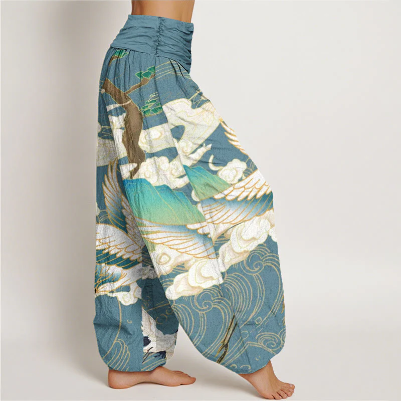 Pantaloni harem da donna con elastico in vita, in cotone, con gru volanti, nuvole di buon auspicio Buddha Stones - Image 9