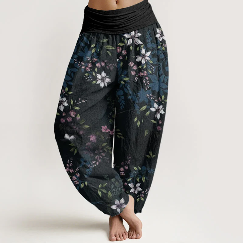 Pantaloni harem da donna con elastico in vita, in cotone, con piccoli fiori bianchi e foglie verdi, motivo Buddha Stones