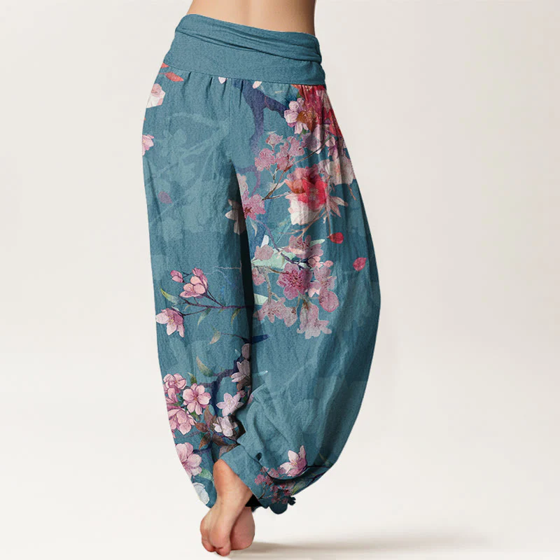 Pantaloni harem da donna con elastico in vita, in cotone, con Buddha Stones, fiori rossi e rosa, rami rigogliosi - Image 10