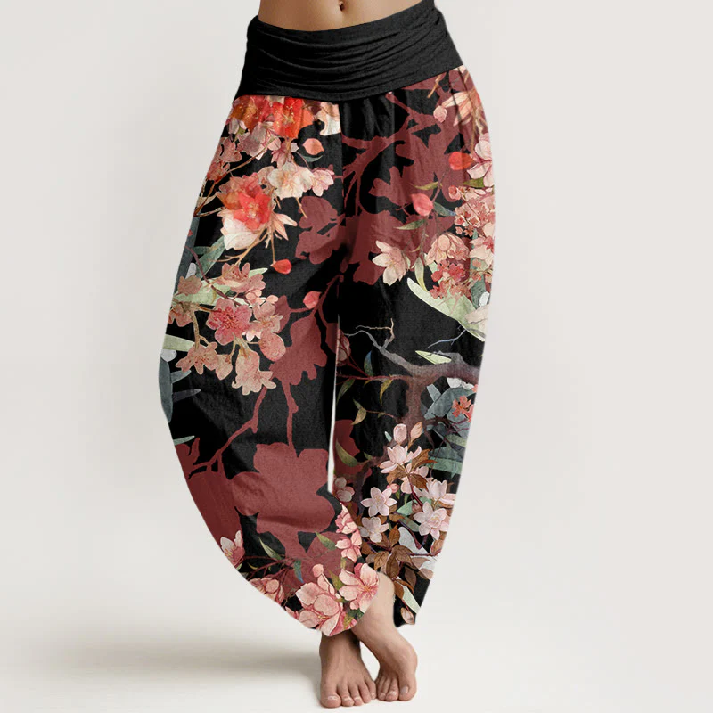 Pantaloni harem da donna con elastico in vita, in cotone, con Buddha Stones, fiori rossi e rosa, rami rigogliosi - Image 5