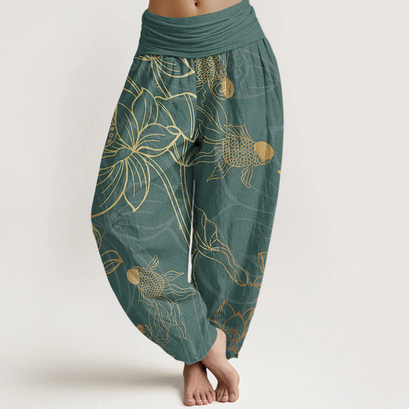 Pantaloni harem da donna con elastico in vita, Buddha Stones, in cotone, con foglie di loto e pesci koi