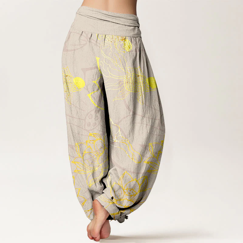 Pantaloni harem da donna con elastico in vita, Buddha Stones, in cotone, con foglie di loto e pesci koi - Image 10