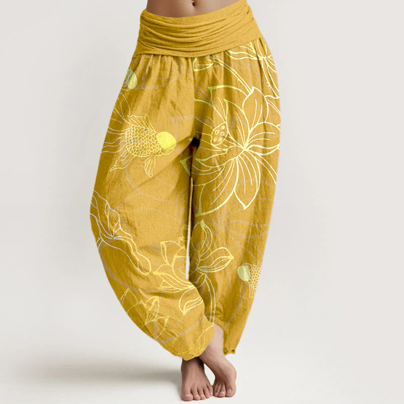 Pantaloni harem da donna con elastico in vita, Buddha Stones, in cotone, con foglie di loto e pesci koi - Image 11