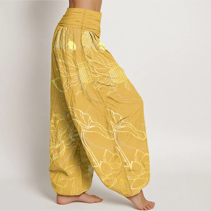 Pantaloni harem da donna con elastico in vita, Buddha Stones, in cotone, con foglie di loto e pesci koi - Image 12
