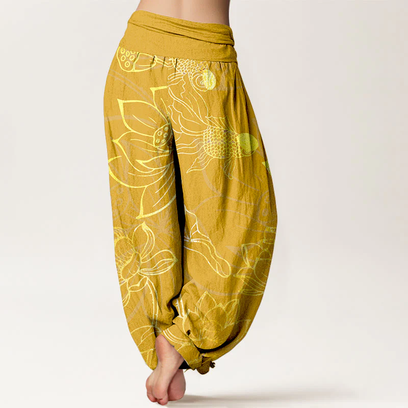 Pantaloni harem da donna con elastico in vita, Buddha Stones, in cotone, con foglie di loto e pesci koi - Image 13