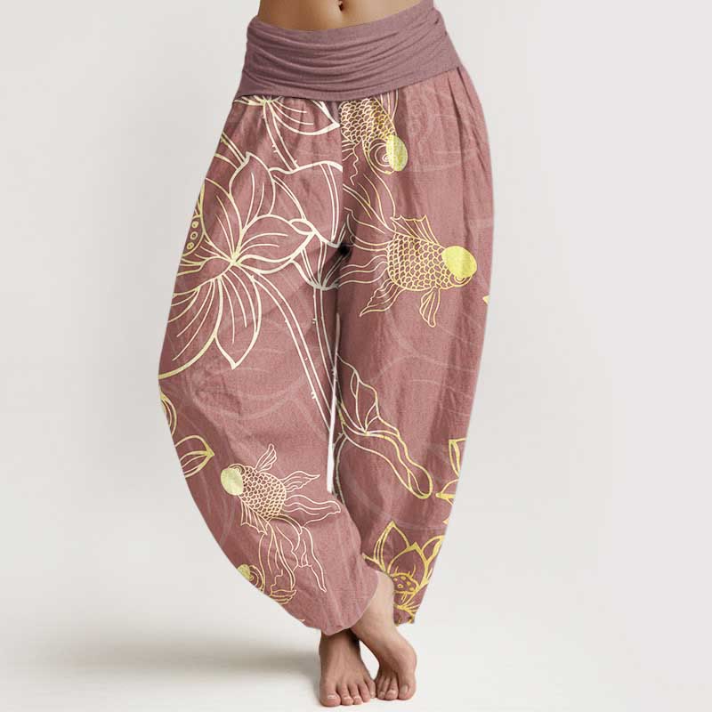 Pantaloni harem da donna con elastico in vita, Buddha Stones, in cotone, con foglie di loto e pesci koi - Image 14