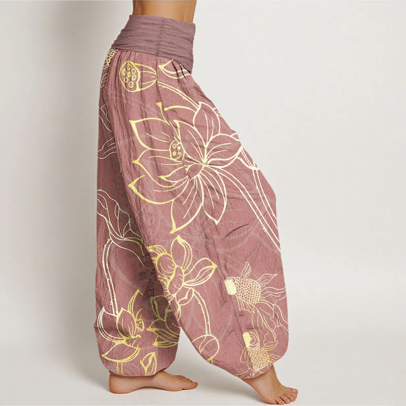Pantaloni harem da donna con elastico in vita, Buddha Stones, in cotone, con foglie di loto e pesci koi - Image 15