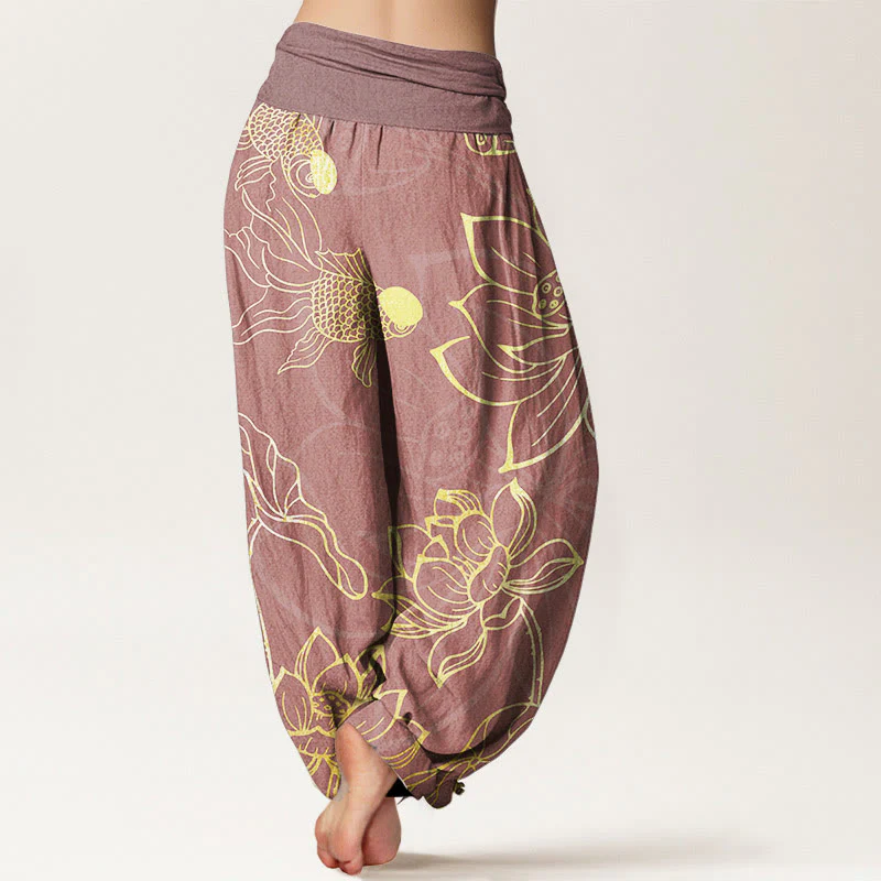 Pantaloni harem da donna con elastico in vita, Buddha Stones, in cotone, con foglie di loto e pesci koi - Image 16