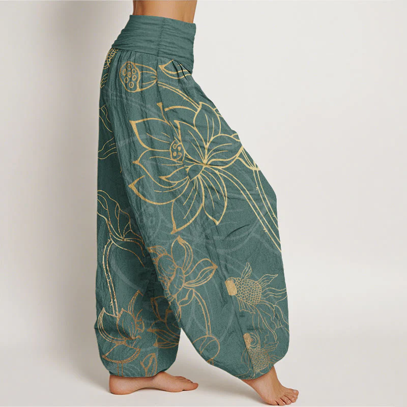 Pantaloni harem da donna con elastico in vita, Buddha Stones, in cotone, con foglie di loto e pesci koi - Image 2