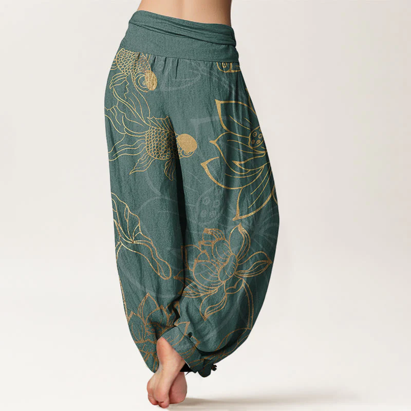 Pantaloni harem da donna con elastico in vita, Buddha Stones, in cotone, con foglie di loto e pesci koi - Image 3