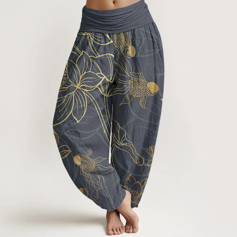 Pantaloni harem da donna con elastico in vita, Buddha Stones, in cotone, con foglie di loto e pesci koi - Image 5